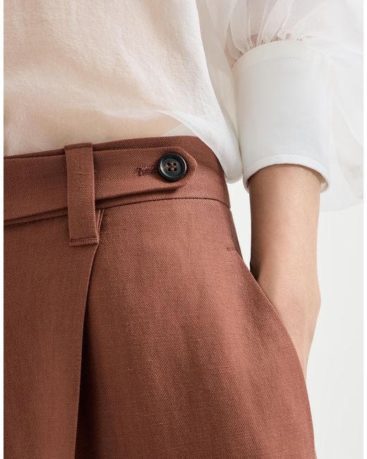 Brunello Cucinelli Brown Viscose And Linen Fluid Twill Wide Trousers With Monili