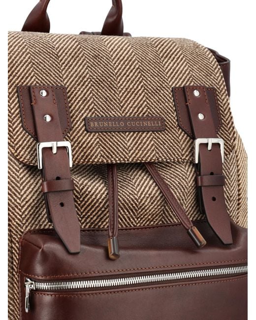 Brunello Cucinelli Brown Burnished Calfskin And Chevron-Effect Techno Fabric City Backpack for men