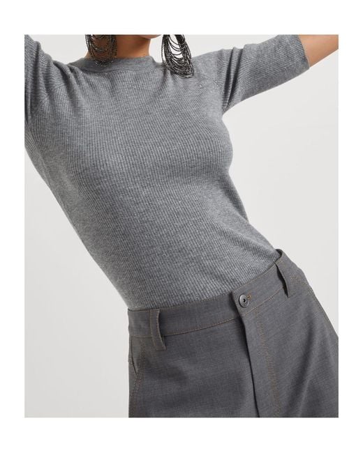 Brunello Cucinelli Gray Ribbed Speckle-Knit Top