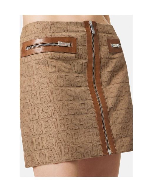 Versace Brown Logo Jacquard Zipped Mini Skirt