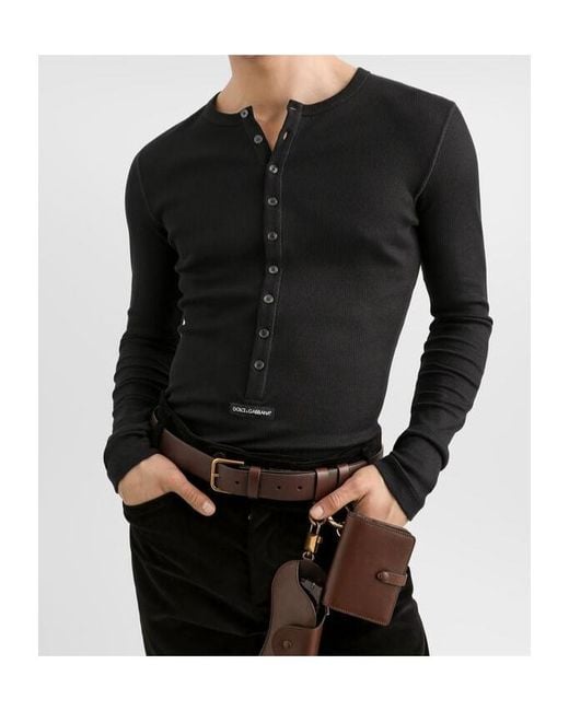 Dolce & Gabbana Black Henley Long Sleeve T-Shirt for men