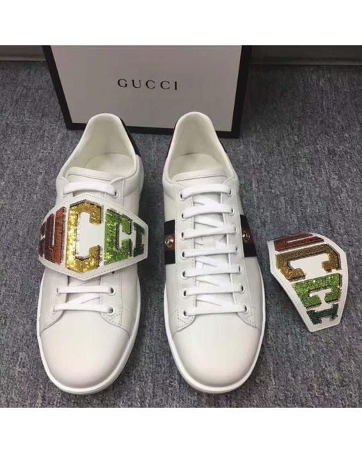 Gucci White Ace Detachable Bead Logo Kraft Shoes