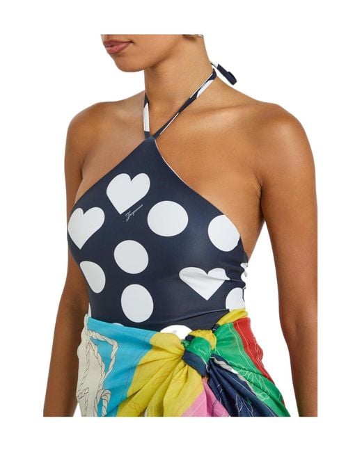 Jacquemus Blue Polka Dot High Neck Swimsuit