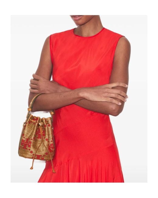 Tory Burch Red T Monogram Straw Mini Bucket Bag