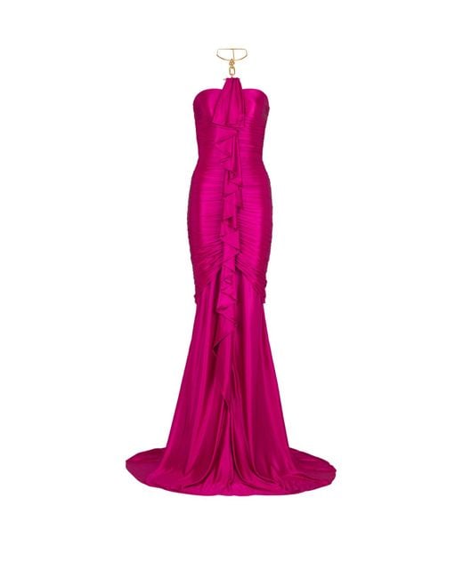 Balmain Pink Long Draped Bustier Dress With Embellished Detail