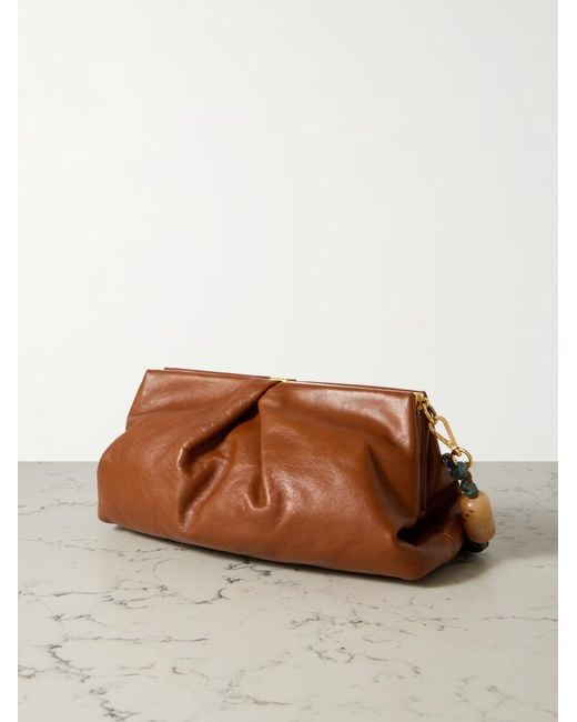 Dries Van Noten Brown Pleated Beaded Leather Clutch Bag