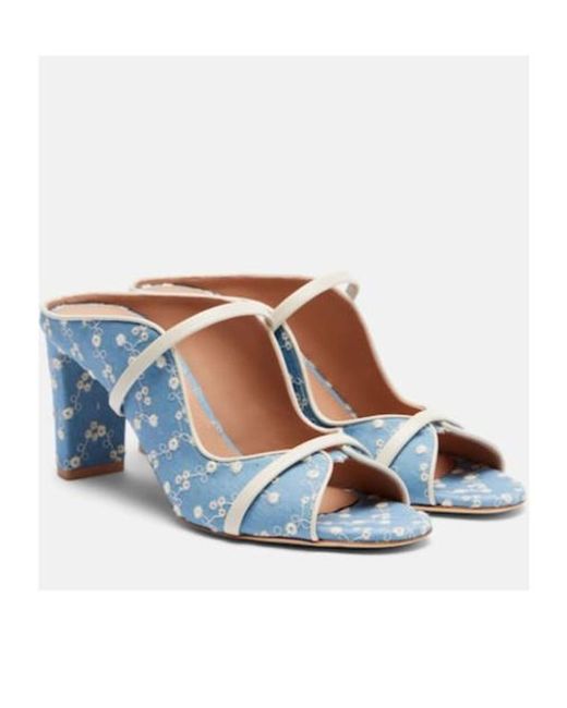 Malone Souliers Blue Norah 70 Leather-Trimmed Denim Mules