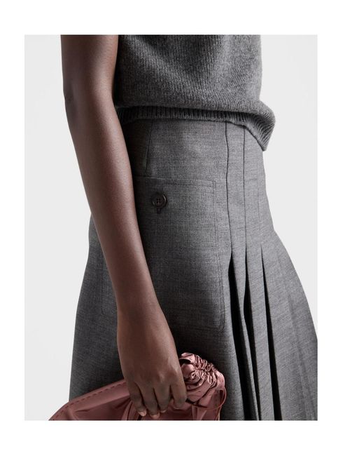 Prada Gray Wool Rush Pleated Midi Skirt