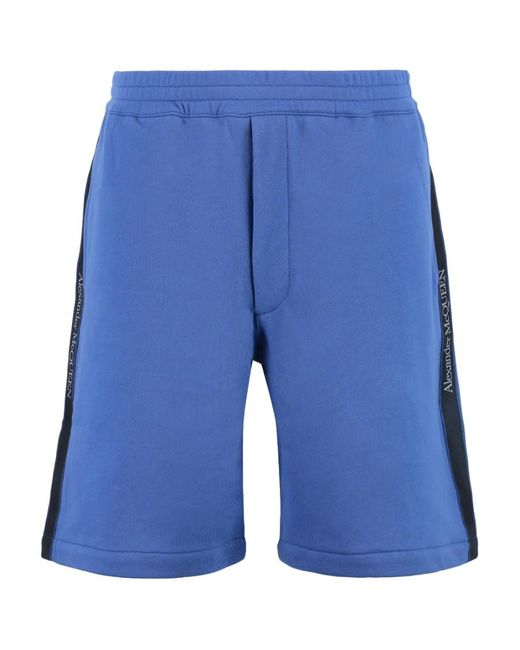 McQueen Blue Logo-Tape Elasticated Waistband Jersey Shorts for men