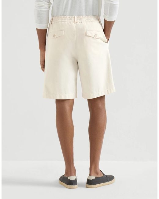 Brunello Cucinelli Natural Twisted Cotton Gabardine Bermuda Shorts With Elasticated Waistband for men