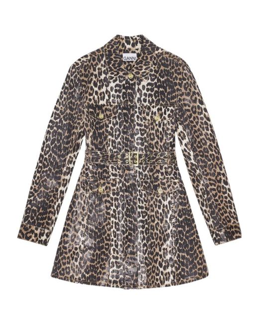 Ganni Brown Leopard-Print Denim Dress
