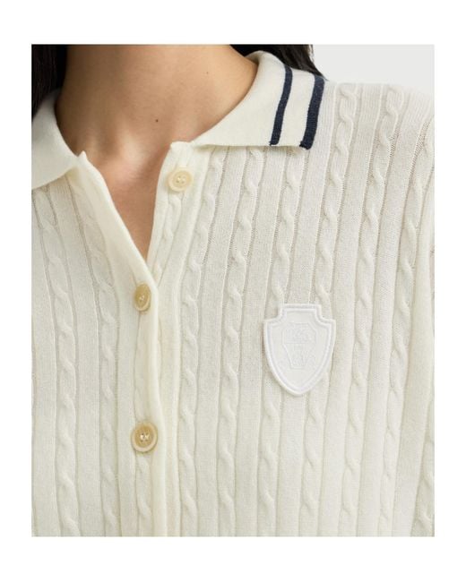 Brunello Cucinelli White Cashmere Cable-Knit Polo Shirt With Logo