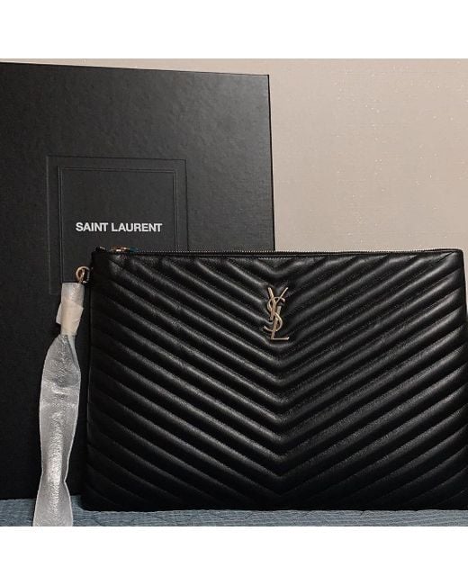 Saint Laurent Black Large Logo Monogram Quilted Clutch Bag
