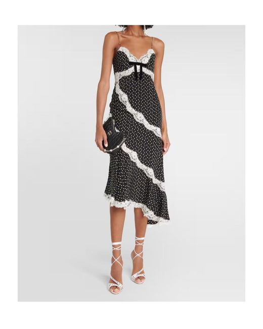 Alessandra Rich Black Lace-Trimmed Polka-Dot Silk Midi Dress