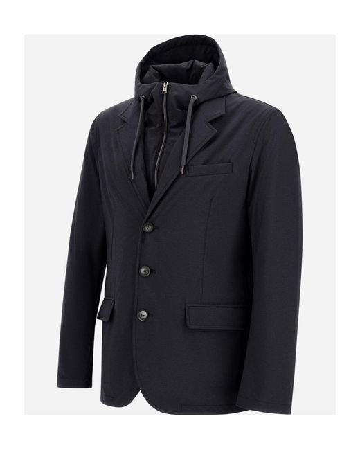 Herno Blue Hooded Three-Button Jacket for men