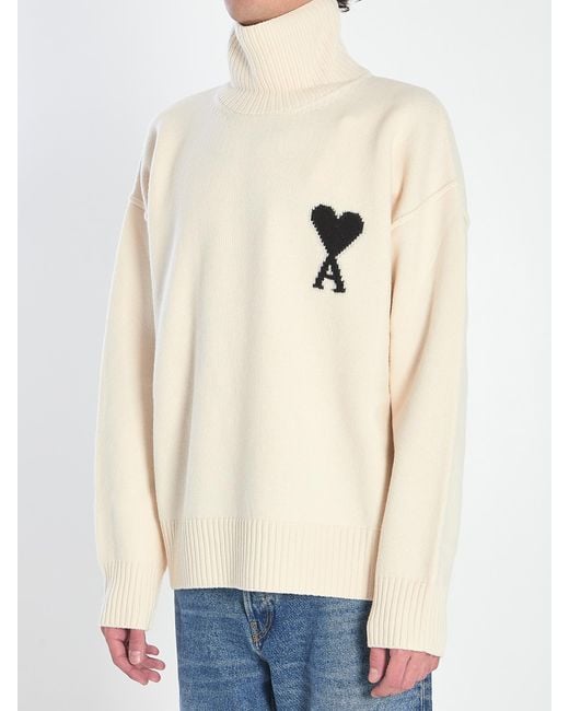 AMI White Ami De Coeur Turtleneck Logo Intarsia-Knit Jumper for men