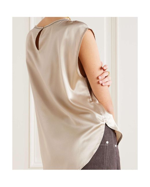Brunello Cucinelli Natural Bead-Embellished Silk-Blend Satin Top