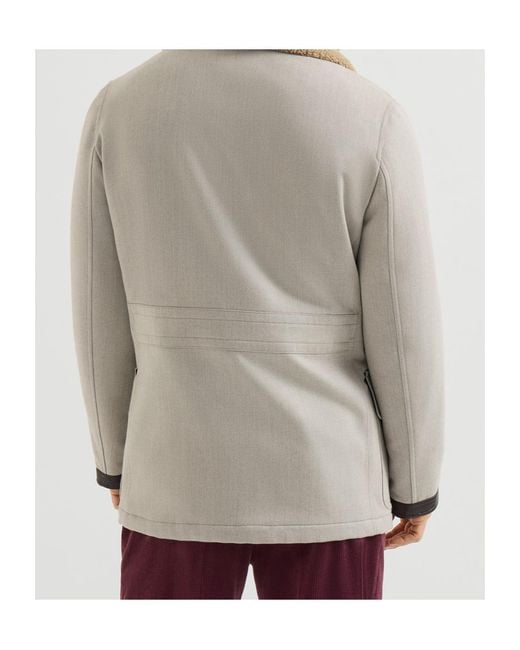 Brunello Cucinelli Natural Wool And Cashmere Cavalry Coat With Thermore Padding And Shearling Collar for men