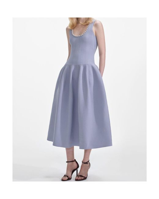 Self-Portrait Blue Ribbed Knit Diamante Midi Dress