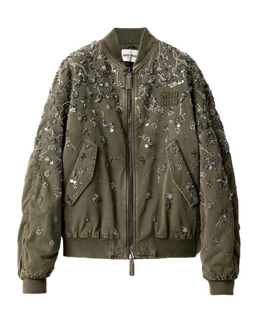 Miu Miu Floral-Embroidered Zipped Bomber Jacket in Green | Lyst