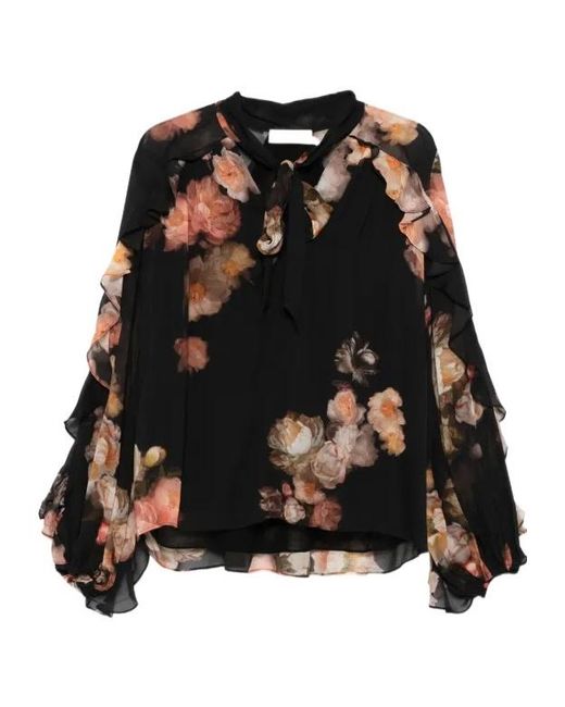 Zimmermann Black Ruffled Floral-Print Blouse