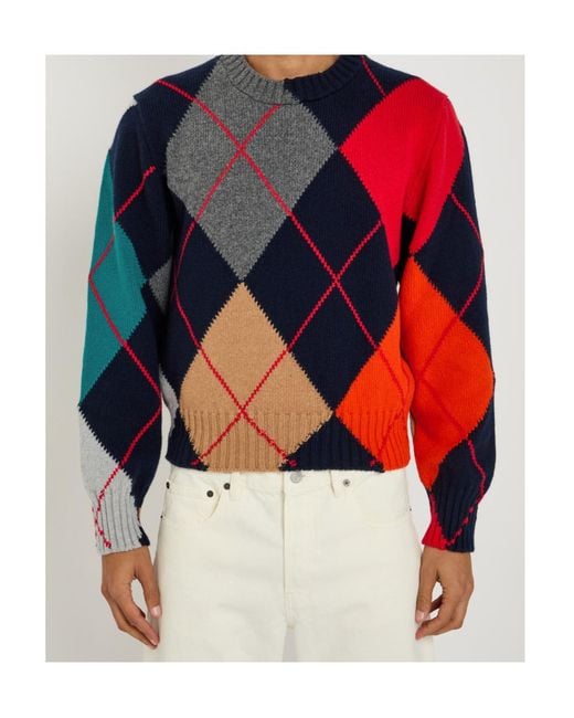 J.W. Anderson Blue Pringle Diamond Pattern Crew Neck Wool Knit Sweater for men