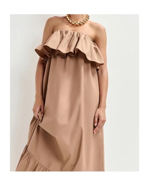 Essentiel Antwerp Brown Strapless Ruffled Maxi Dress
