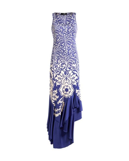 Etro Blue Flounce Printed Long Jersey Dress
