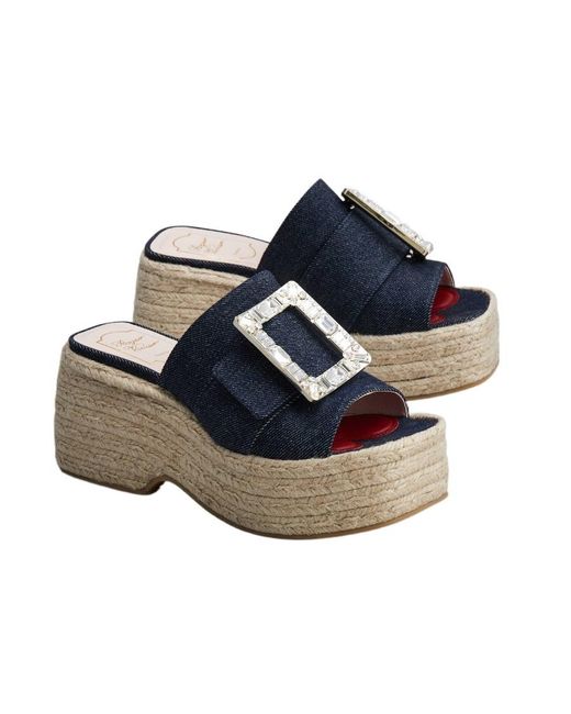 Roger Vivier Blue Strass Buckle Espadrille Platform Mule