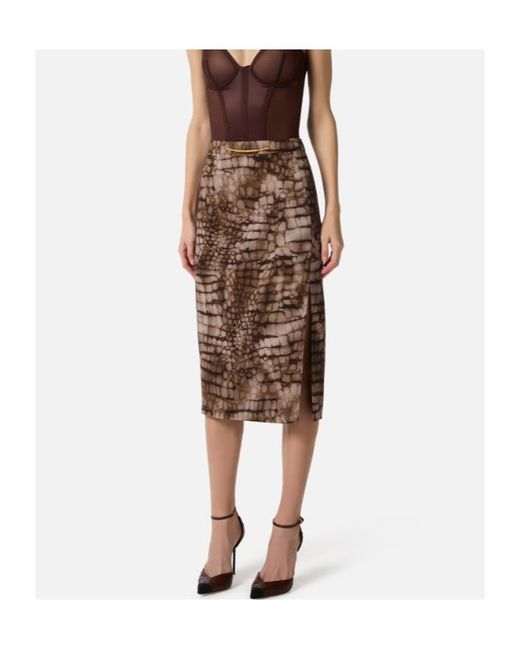 Elisabetta Franchi Brown Printed Side-Slit Midi Skirt