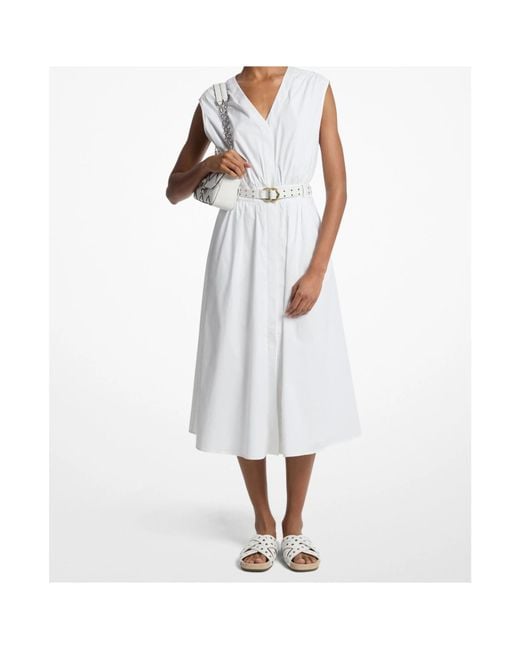 MICHAEL Michael Kors White Stretched Poplin Belted Midi Dress