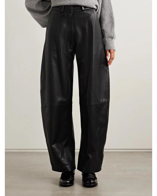 Nour Hammour Black Leather Wide-Leg Trousers