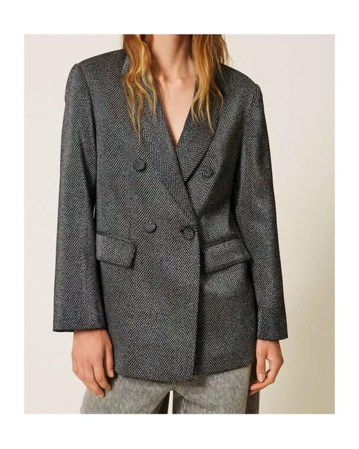 Twinset Gray Herringbone Double-Breasted Blazer