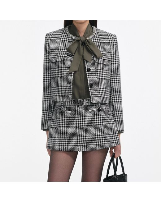 Self-Portrait Gray Houndstooth Embellished Trim Cropped Jacket