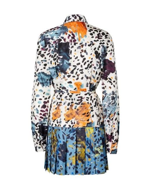Fendi Blue Falena Print Belted Pleated Mini Dress