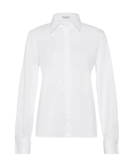Brunello Cucinelli White Embellished Stretch Poplin Shirt