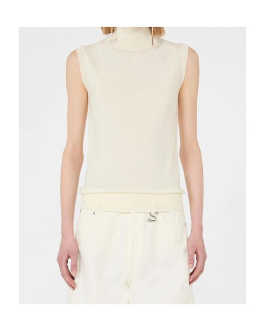 Sportmax White Regular Fit Ribbed Virgin Wool Sweater With Wrap-Around Collar (Size M)