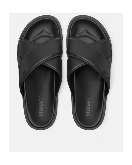 Versace Black Logo-Lettering Open-Toe Slides for men