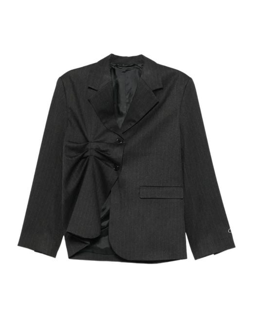 AVAVAV Black Pinstripe-Pattern Gathered-Detail Blazer