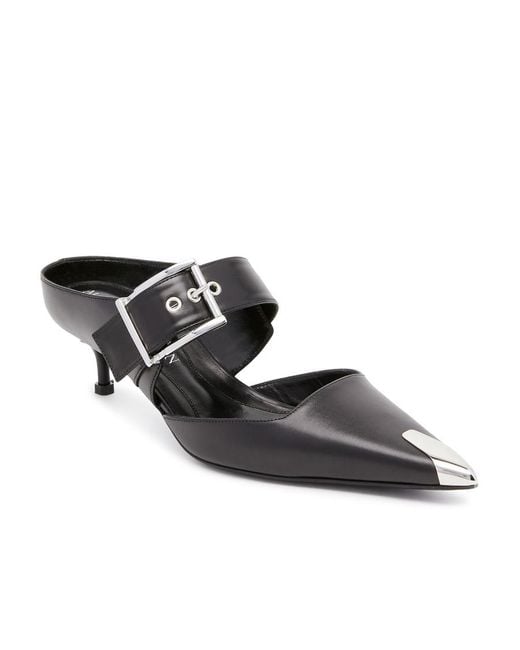 McQueen Black Punk Buckle Pointed Toe Mules