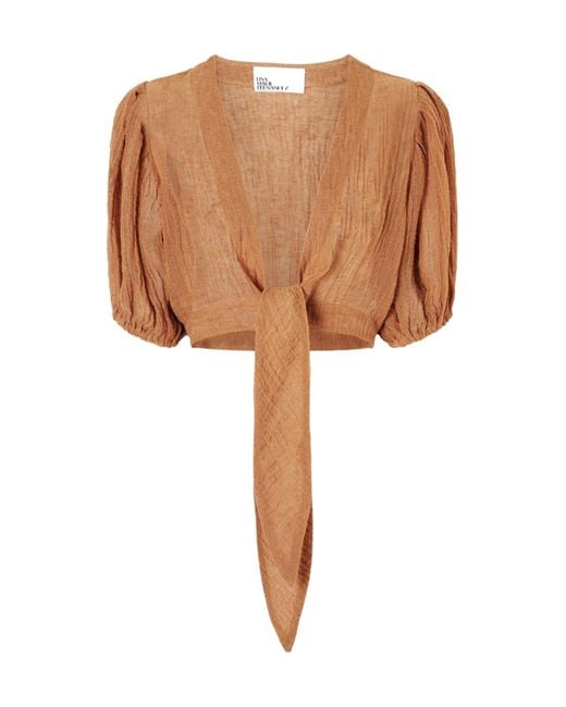 Lisa Marie Fernandez Brown Pouf Cropped Linen-Blend Gauze Wrap Top