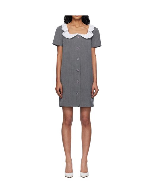 Pushbutton Blue Ruffled Collar Mini Dress