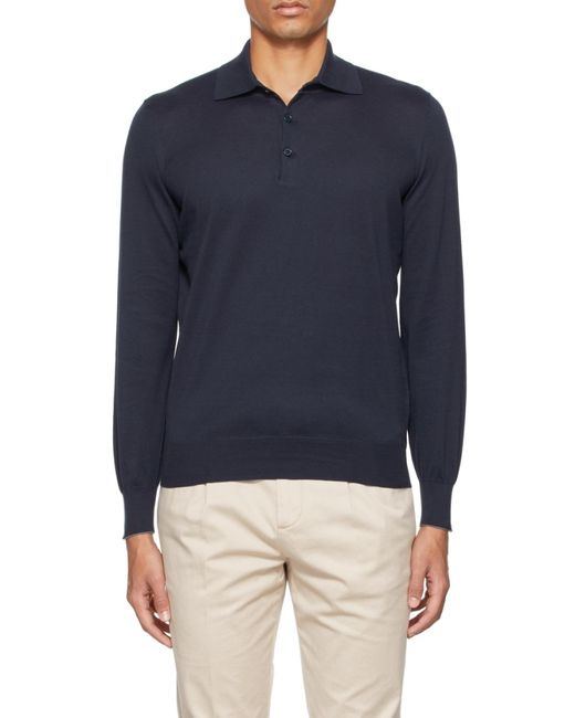 Brunello Cucinelli Blue Long-Sleeved Knitted Polo Shirt for men