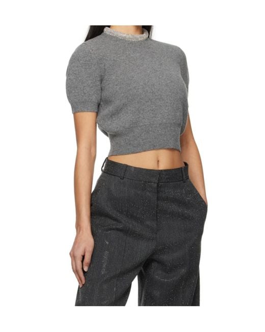 Alexander Wang Gray Short Sleeves Crystal Tubular Necklace T-Shirt Charcoal