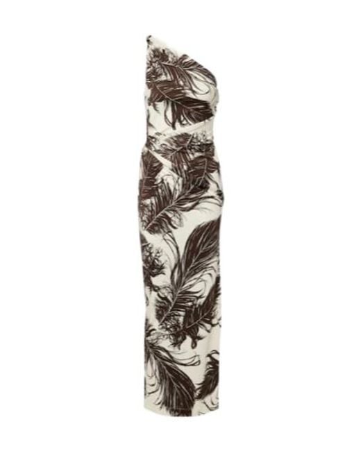 Oscar de la Renta White Printed One-Shoulder Jersey Maxi Dress