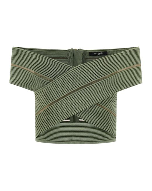 Balmain Green Off-The-Shoulder Crop Top