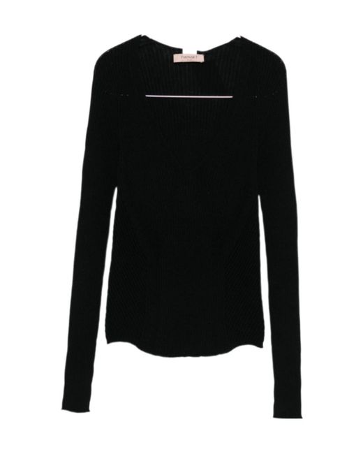 Twinset Black Ribbed V-Neck Knitwear