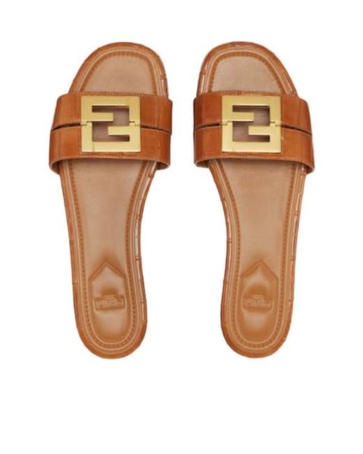 Fendi Brown Ffold Logo Plaque Slides