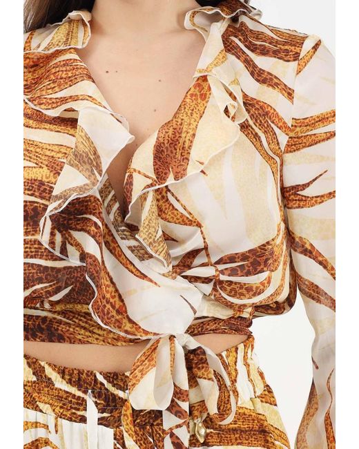 Just Cavalli Metallic Ruffled Leaf-Print Blouse