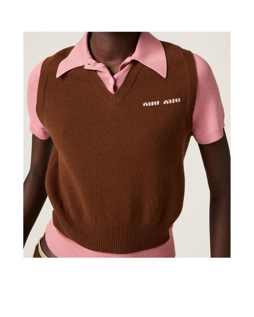 Miu Miu Layered Wool And Cashmere Polo Shirt in Brown | Lyst